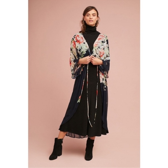 FLOREAT Anthropologie Rosie Sheer Black Long Kimono Topper Layer Cover Up Sz OS - Picture 3 of 14